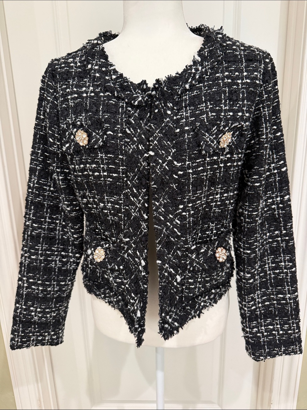 Molly Bracken Black and White Tweed Pearl-Button Cropped Jacket